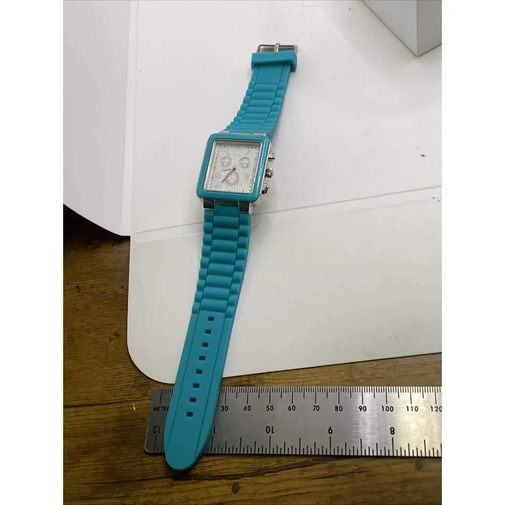 Womens Blue Turquoise Rubber Tank Watch Works New Battery